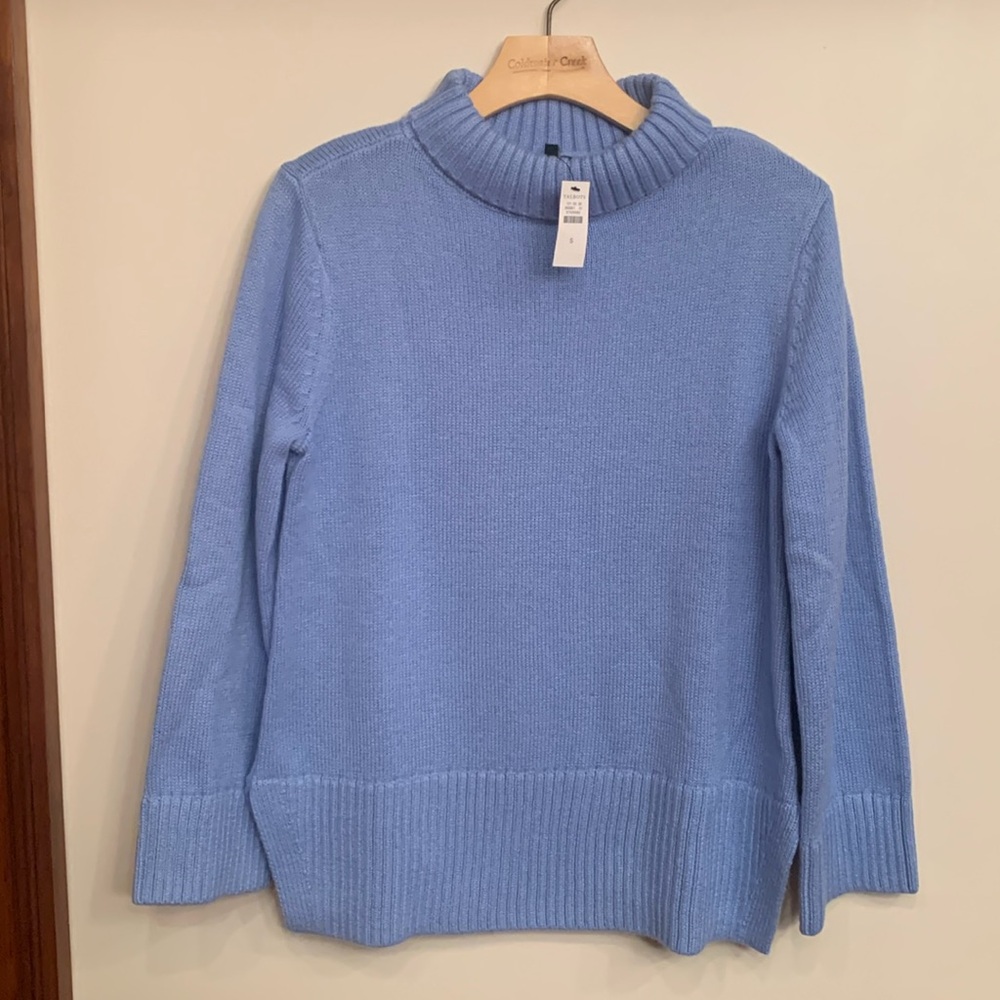 NWT Talbots light blue cotton blend funnel neck pullover long sleeve sweater